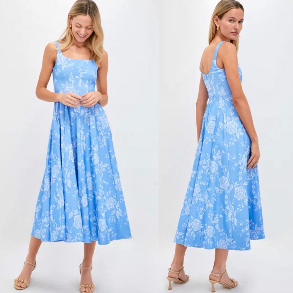 🌺🎉HP🎉🌺 NWT Staud Wells Midi Dress Blue Rose 🌟VERY RARE🌟 - Picture 5 of 16